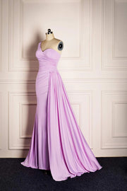 Lilac One-Shoulder Mermaid Long Satin Prom Dresses with Train