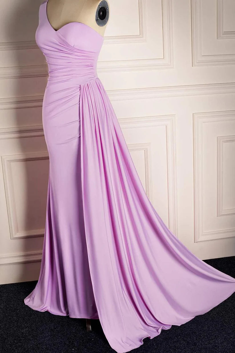 Lilac One-Shoulder Mermaid Long Satin Prom Dresses with Train