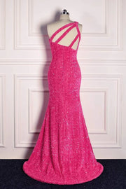 Fuchsia One-Shoulder Sequined Mermaid Prom Dresses with Slit