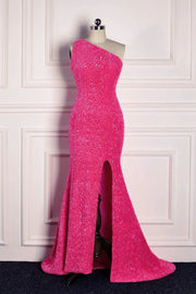 Fuchsia One-Shoulder Sequined Mermaid Prom Dresses with Slit