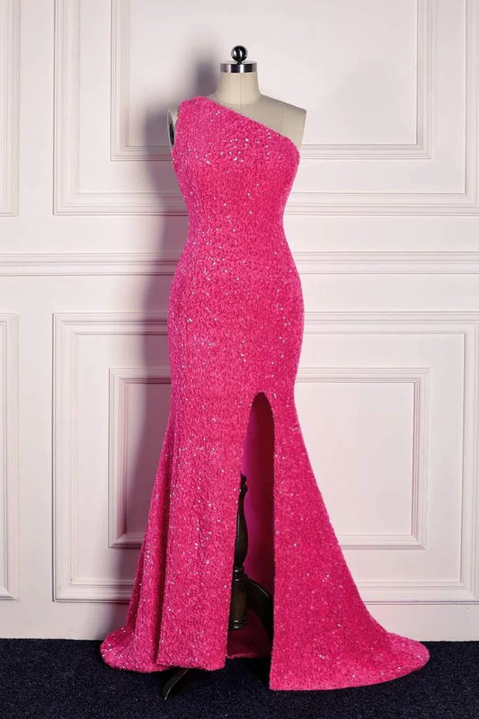 Hot Pink One Shoulder Mermaid Prom Dress with Paillette