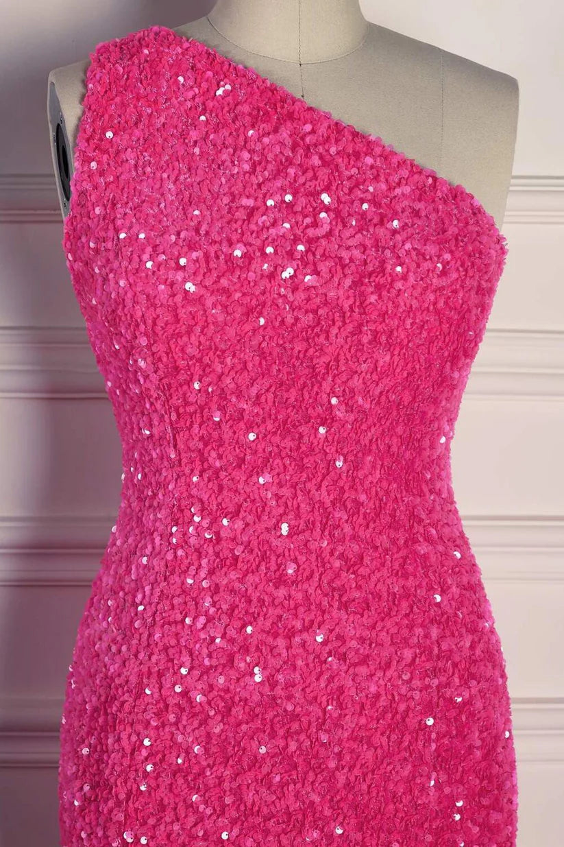 Fuchsia One-Shoulder Sequined Mermaid Prom Dresses with Slit