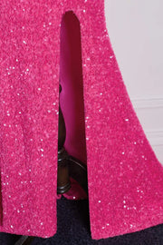 Fuchsia One-Shoulder Sequined Mermaid Prom Dresses with Slit