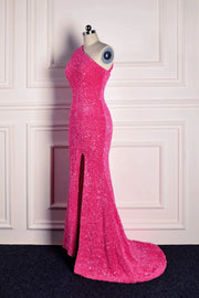 Fuchsia One-Shoulder Sequined Mermaid Prom Dresses with Slit