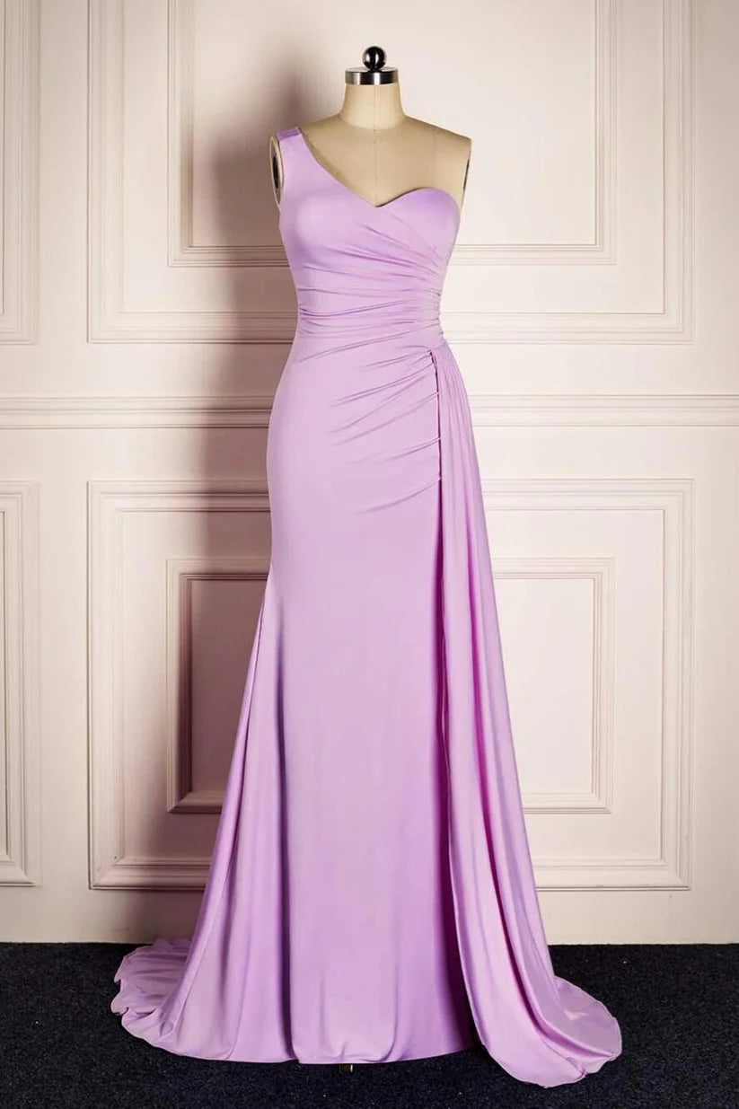 Lilac One-Shoulder Mermaid Long Satin Prom Dresses with Train