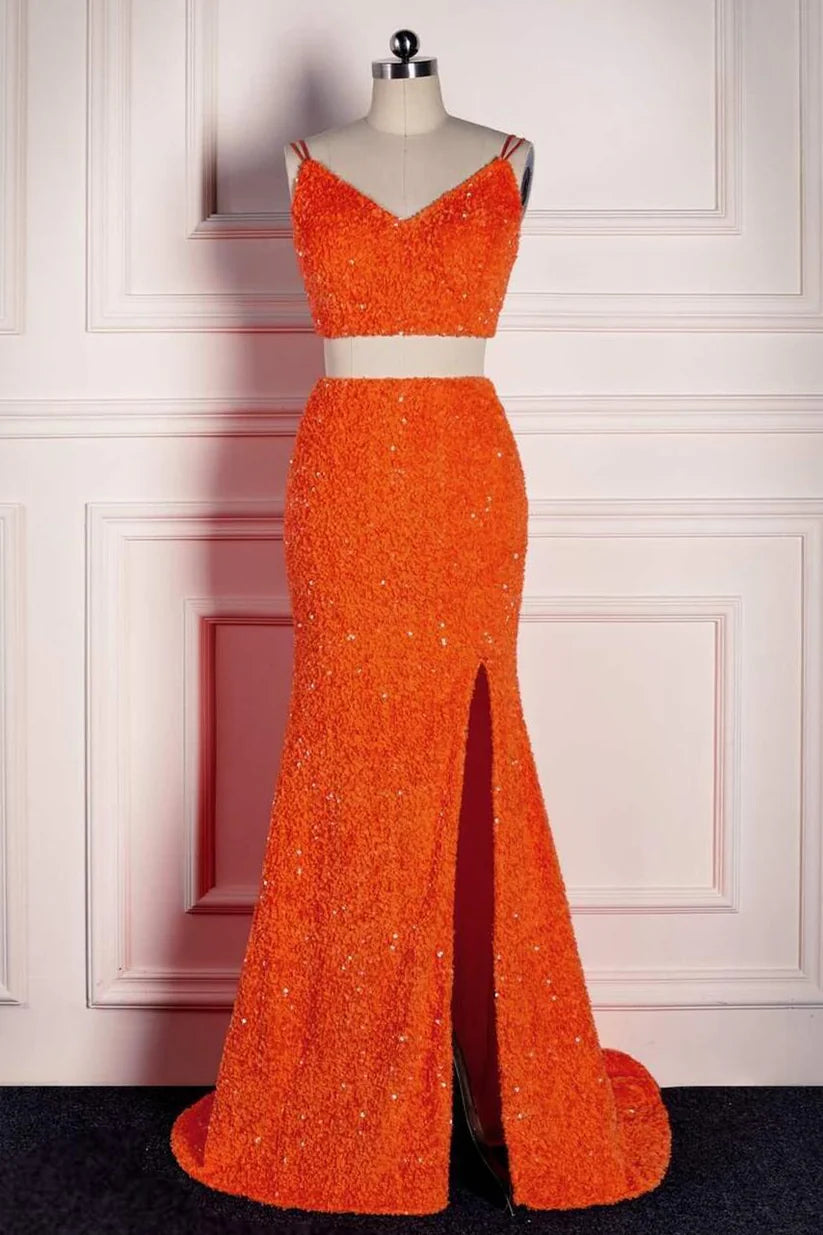 Orange Two-Piece V-Neck Sleeveless Mermaid Prom Dresses Split Front with Sequins