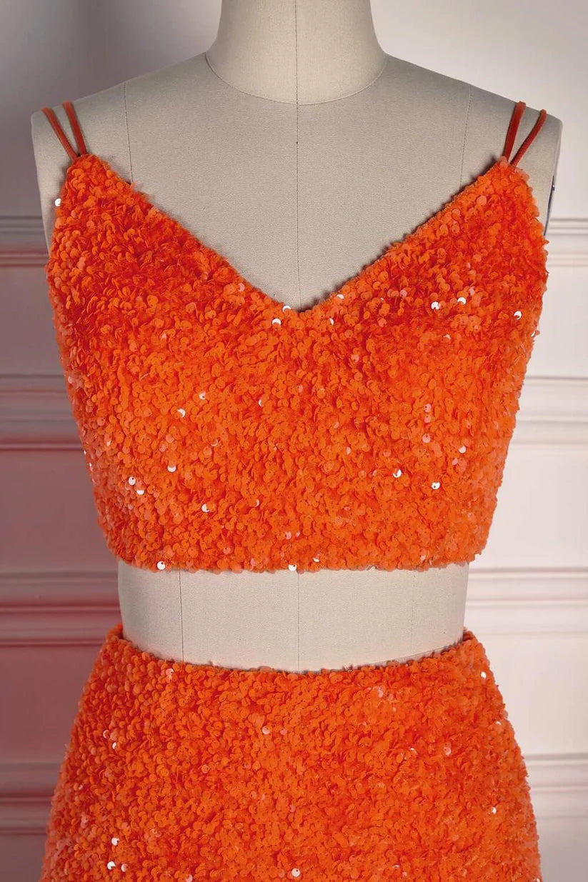 Orange Two-Piece V-Neck Sleeveless Mermaid Prom Dresses Split Front with Sequins