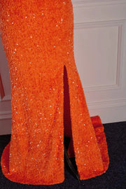 Orange Two-Piece V-Neck Sleeveless Mermaid Prom Dresses Split Front with Sequins