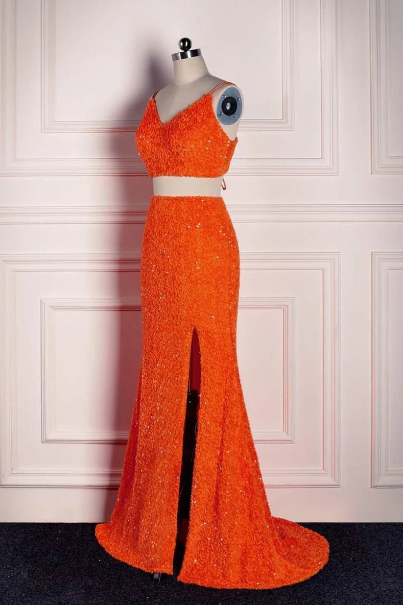 Orange Two-Piece V-Neck Sleeveless Mermaid Prom Dresses Split Front with Sequins