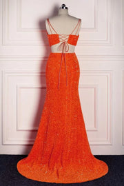 Orange Two-Piece V-Neck Sleeveless Mermaid Prom Dresses Split Front with Sequins