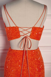 Orange Two-Piece V-Neck Sleeveless Mermaid Prom Dresses Split Front with Sequins