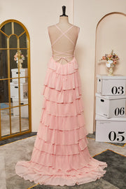 Pink Spaghetti Straps Layered Sheath Chiffon Prom Dresses with Ruffle