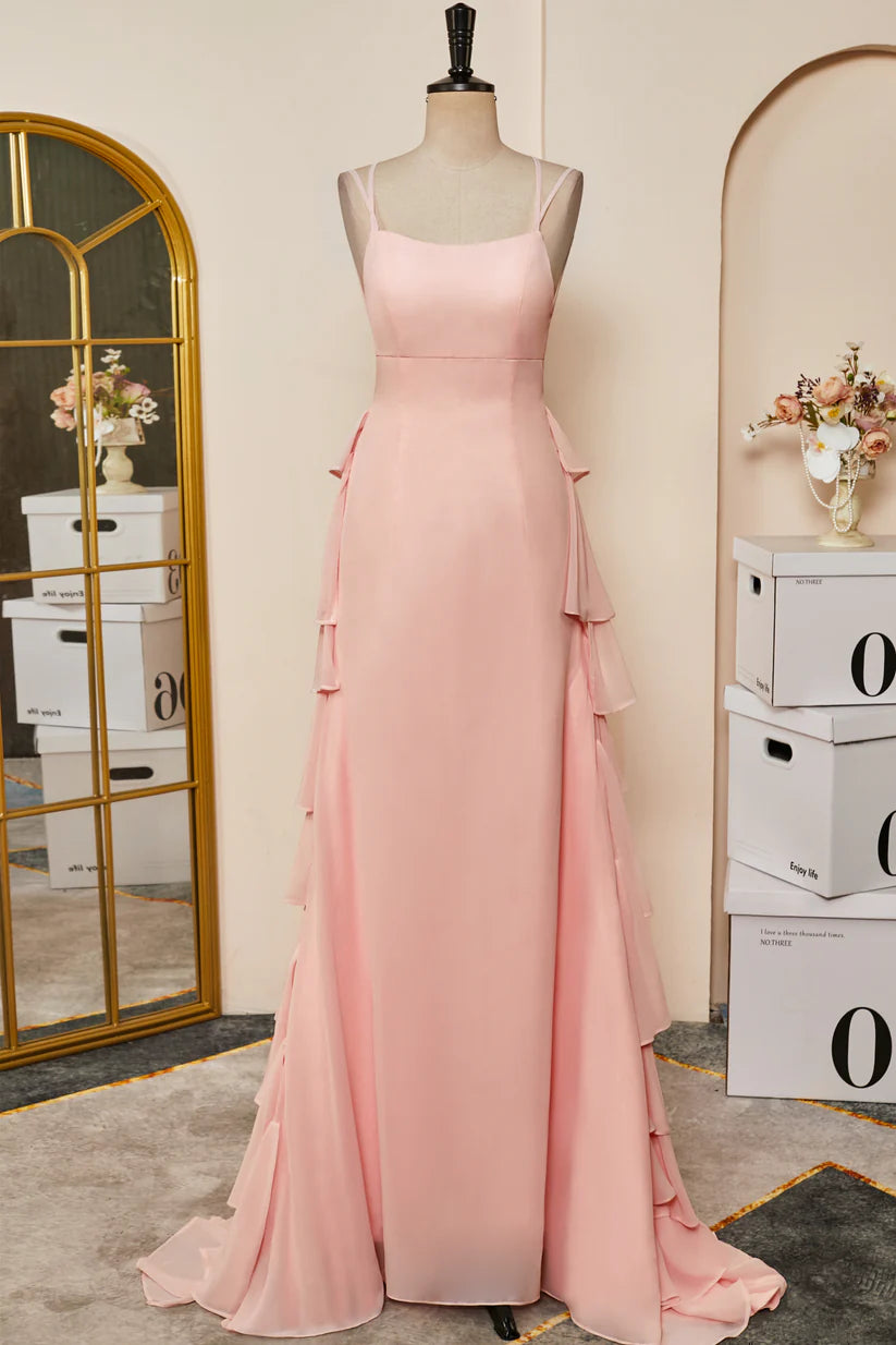 Pink Spaghetti Straps Layered Sheath Chiffon Prom Dresses with Ruffle