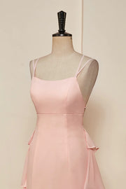 Pink Spaghetti Straps Layered Sheath Chiffon Prom Dresses with Ruffles