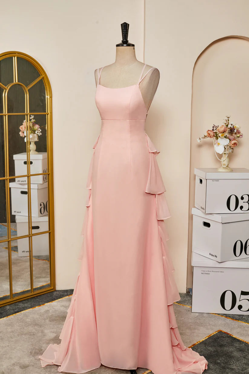 Pink Spaghetti Straps Layered Sheath Chiffon Prom Dresses with Ruffle