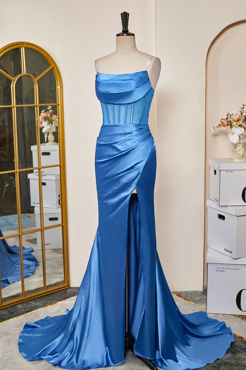 Blue Strapless Satin Mermaid Long Prom Dresses with Slit