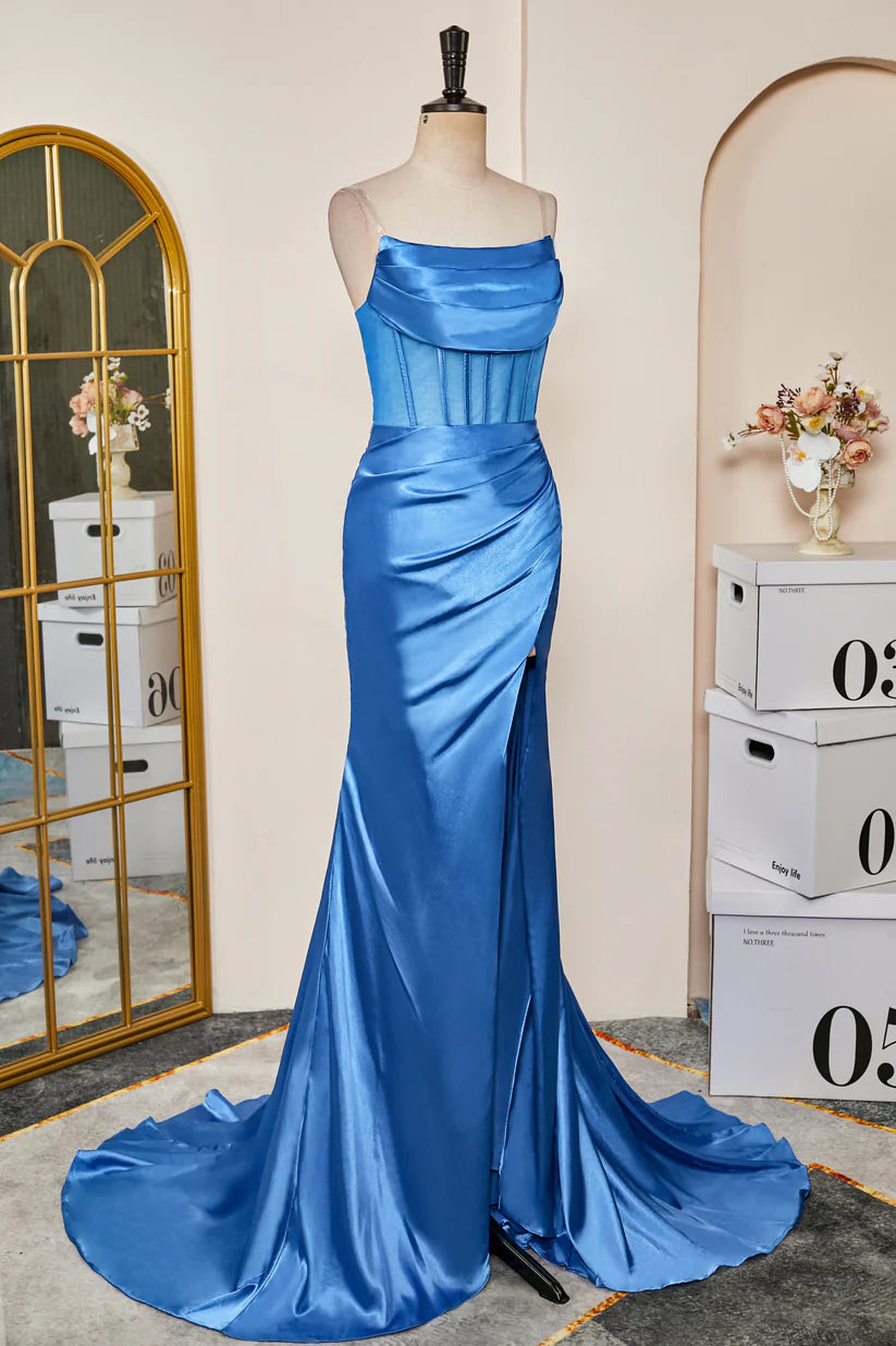 Blue Strapless Satin Mermaid Long Prom Dresses with Slit