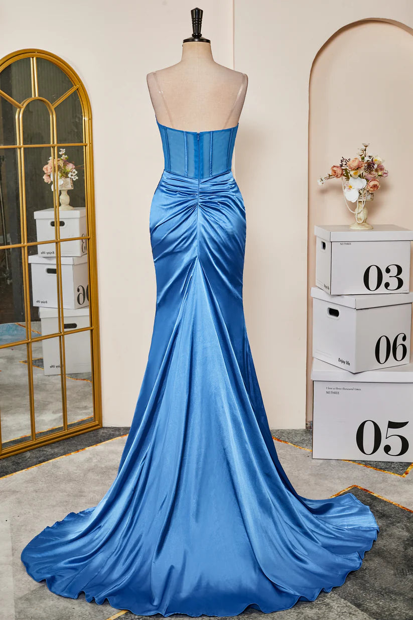 Blue Strapless Satin Mermaid Long Prom Dresses with Slit