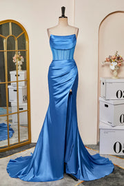 Blue Strapless Satin Mermaid Long Prom Dresses with Slit