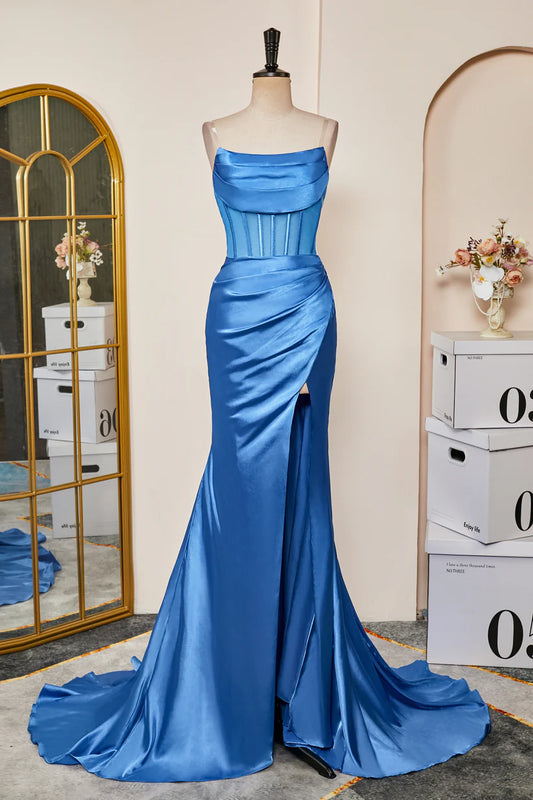 Blue Strapless Pleated Mermaid Long Prom Dress with Slit Front Side