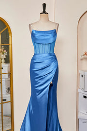 Blue Strapless Satin Mermaid Long Prom Dresses with Slit