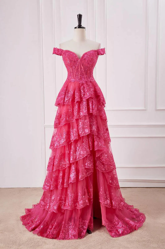 Fuchsia Off the Shoulder Sequin Appliques Tiered Formal Dress with Slit Front Side