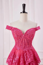 Fuchsia Off-The-Shoulder Tiered Formal Dresses Sequined Appliques with Slit