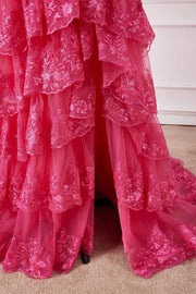 Fuchsia Off-The-Shoulder Tiered Formal Dresses Sequined Appliques with Slit