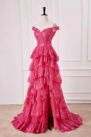 Fuchsia Off-The-Shoulder Tiered Formal Dresses Sequined Appliques with Slit