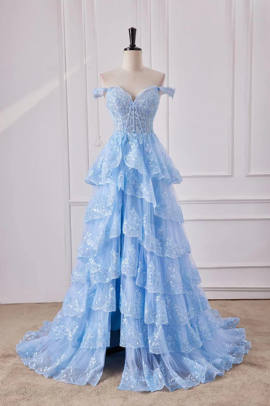 Light Blue Off the Shoulder Ruffles Prom Gown with Slit