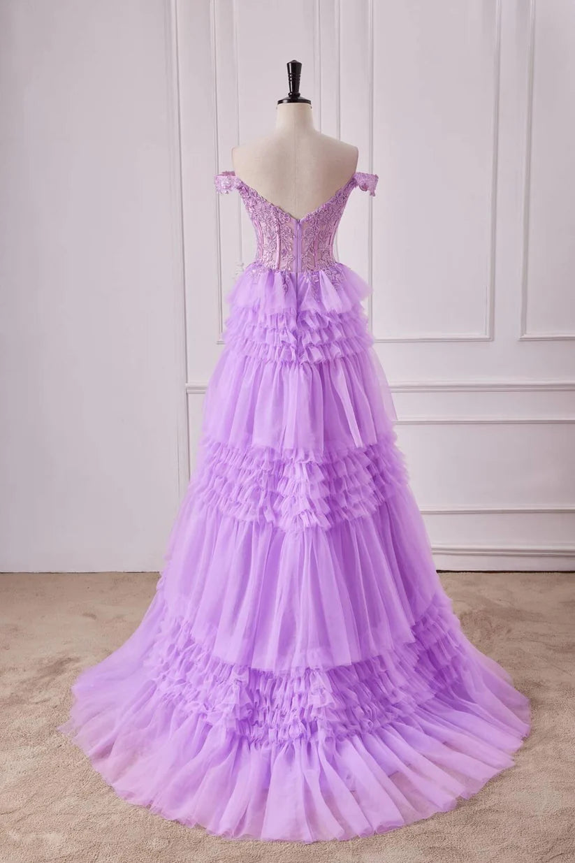 Lilac Off-The-Shoulder Sweetheart A-Line Tulle Prom Dresses with Ruffles