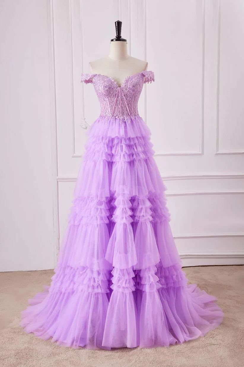 Lilac Off-The-Shoulder Sweetheart A-Line Tulle Prom Dresses with Ruffles