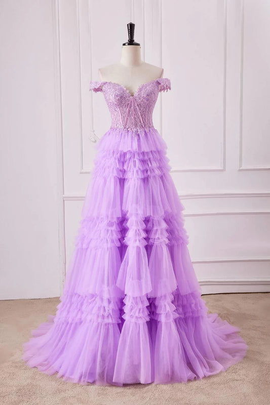 Lilac Off the Shoulder Ruffles Ball Gown with Appliques