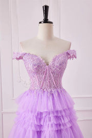 Lilac Off-The-Shoulder Sweetheart A-Line Tulle Prom Dresses with Ruffles