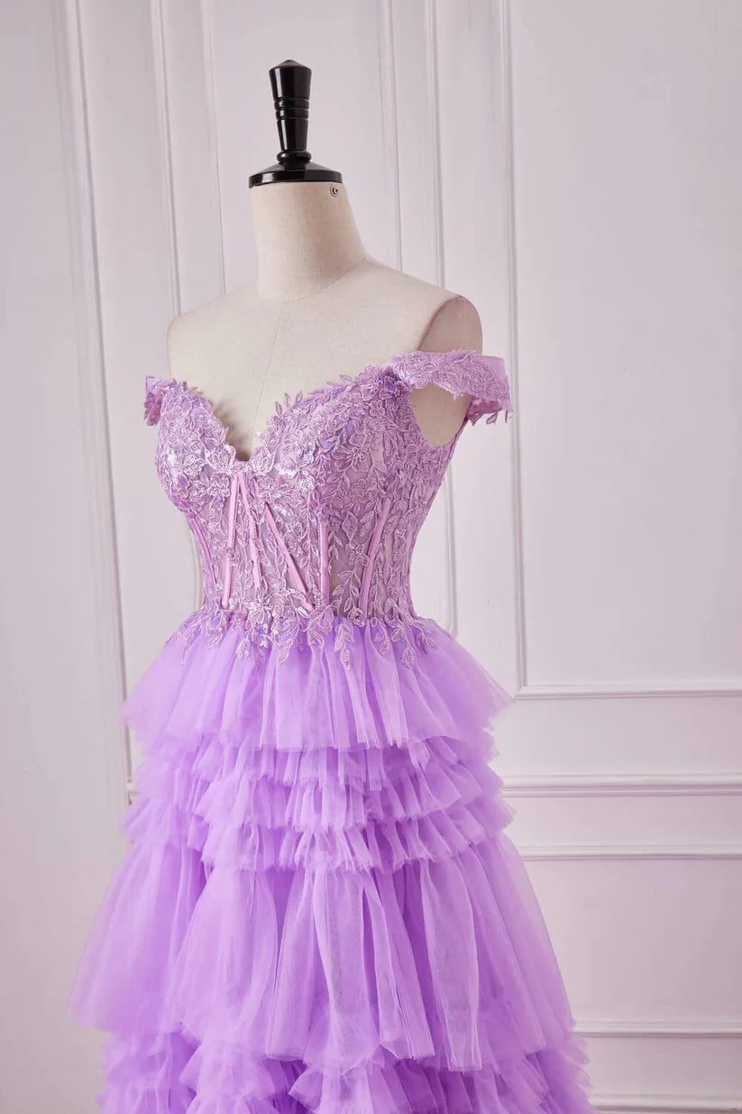 Lilac Off-The-Shoulder Sweetheart A-Line Tulle Prom Dresses with Ruffles