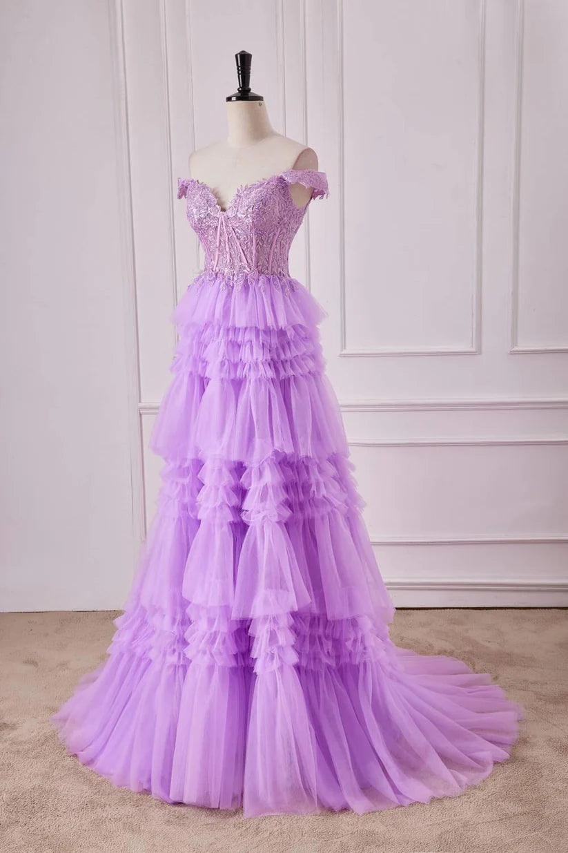 Lilac Off-The-Shoulder Sweetheart A-Line Tulle Prom Dresses with Ruffles