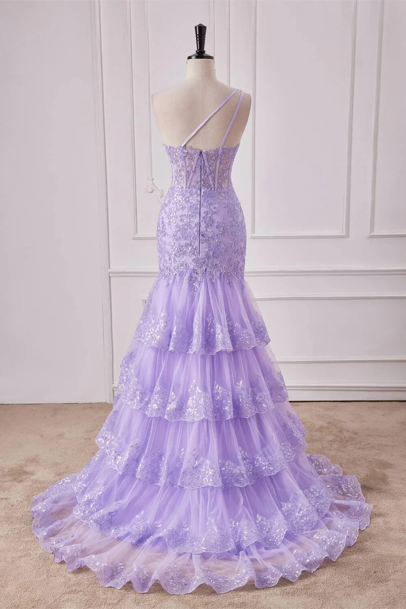 Purple One-Shoulder Prom Dresses Mermaid Sleeveless Ruffles Long Lace Tulle with Slit