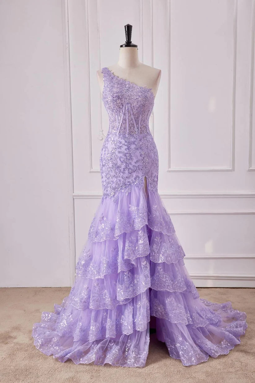 Purple One-Shoulder Prom Dresses Mermaid Sleeveless Ruffles Long Lace Tulle with Slit