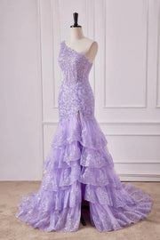 Purple One-Shoulder Prom Dresses Mermaid Sleeveless Ruffles Long Lace Tulle with Slit