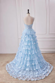 Light Blue Deep V-Neck Split Front Prom Dresses Spaghetti Straps Long A-Line Tulle with Ruffles