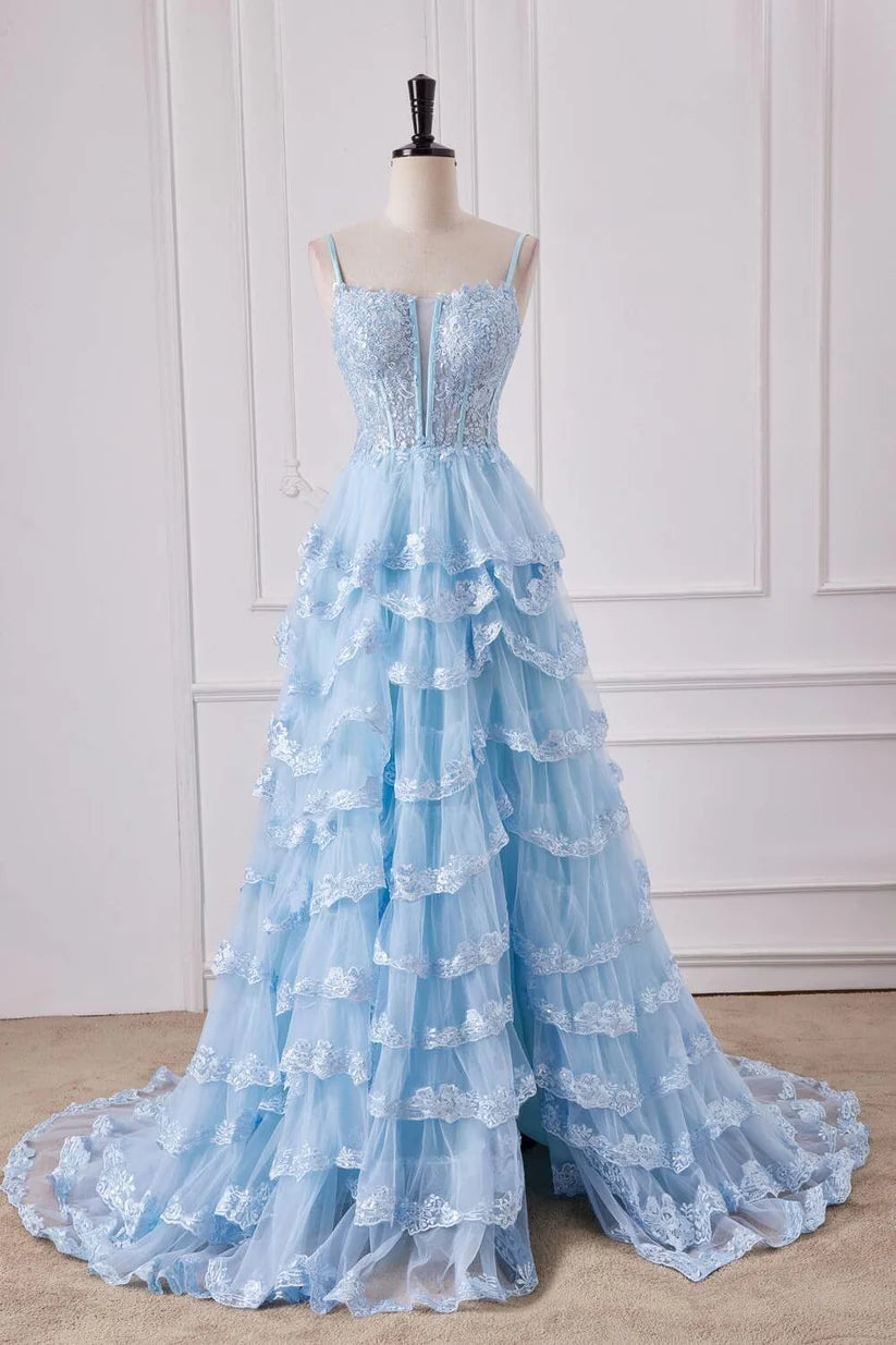 Light Blue Deep V-Neck Split Front Prom Dresses Spaghetti Straps Long A-Line Tulle with Ruffles