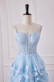 Light Blue Deep V-Neck Split Front Prom Dresses Spaghetti Straps Long A-Line Tulle with Ruffles