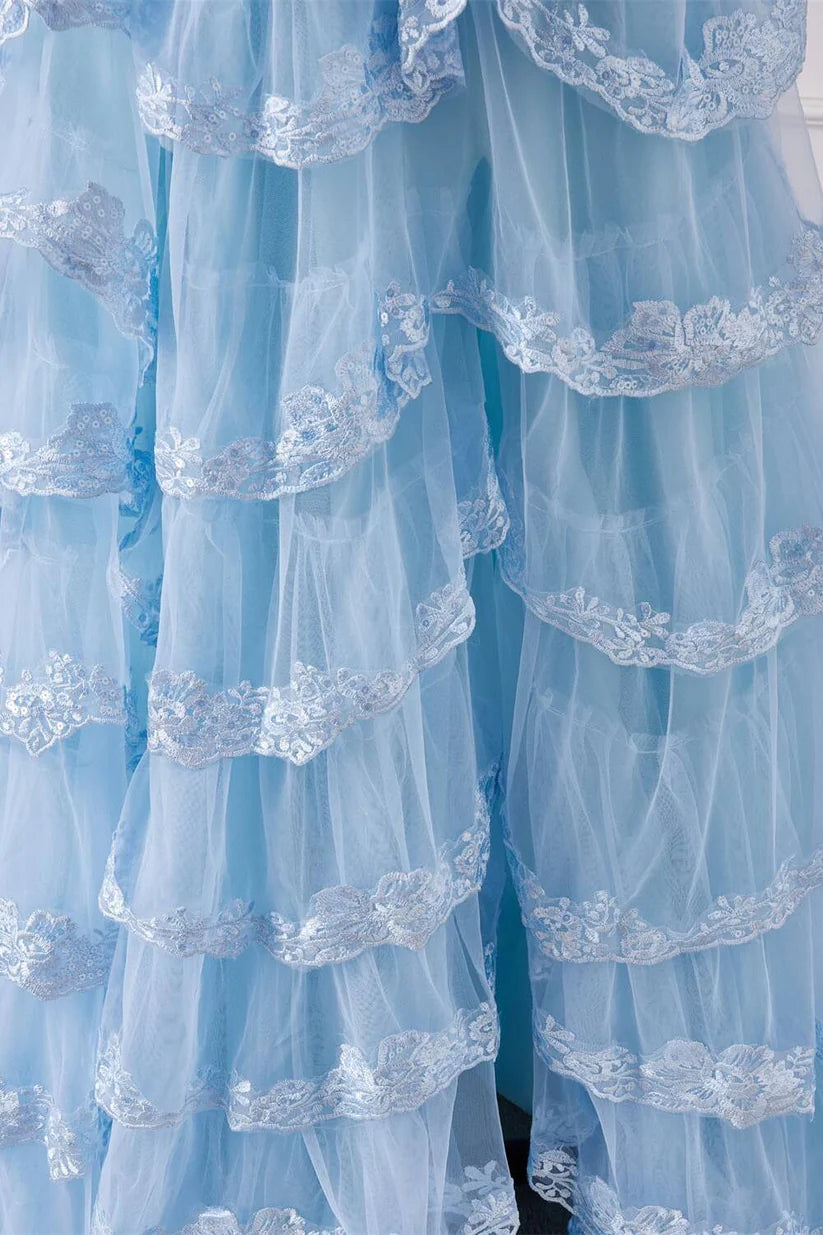 Light Blue Deep V-Neck Split Front Prom Dresses Spaghetti Straps Long A-Line Tulle with Ruffles