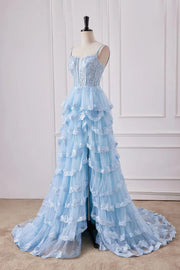 Light Blue Deep V-Neck Split Front Prom Dresses Spaghetti Straps Long A-Line Tulle with Ruffles