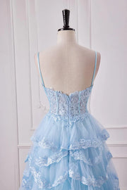 Light Blue Deep V-Neck Split Front Prom Dresses Spaghetti Straps Long A-Line Tulle with Ruffles