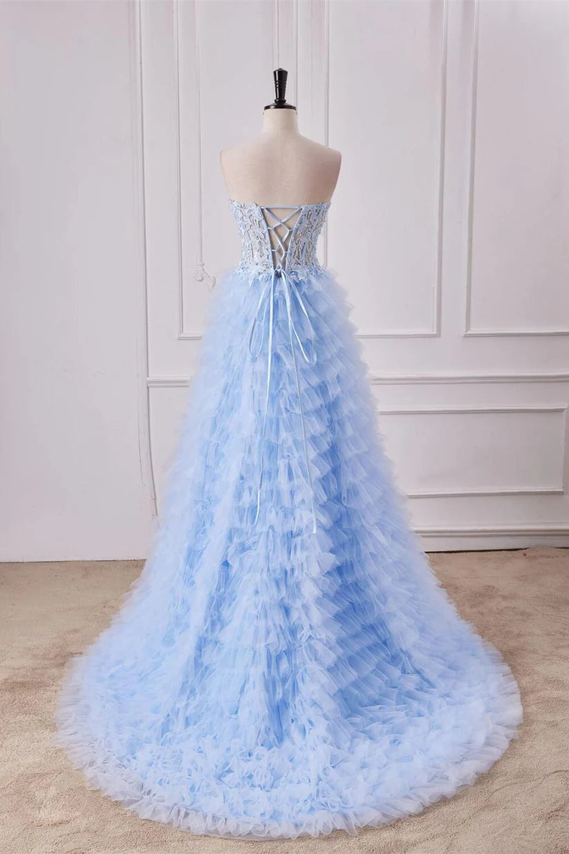 Sweetheart Ruffles A-Line Tulle Formal Dresses with Slit