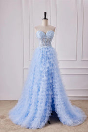 Sweetheart Ruffles A-Line Tulle Formal Dresses with Slit