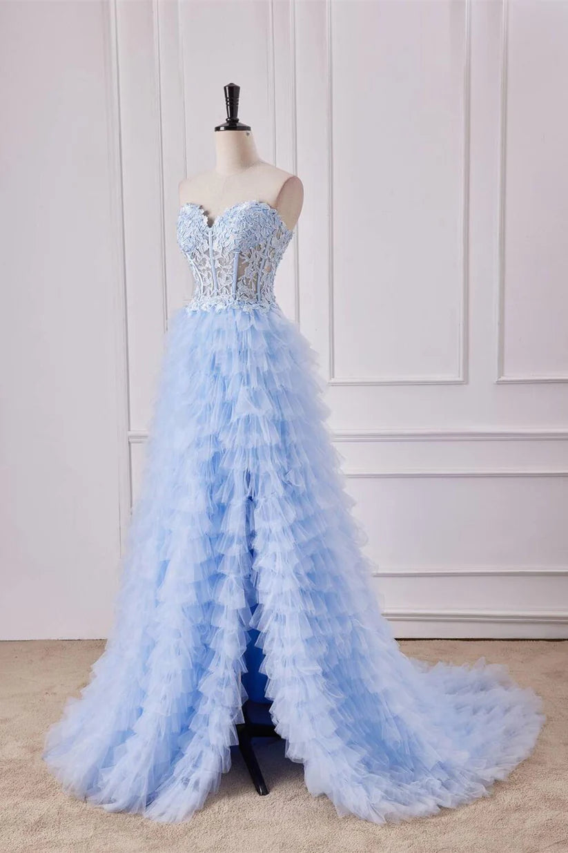 Sweetheart Ruffles A-Line Tulle Formal Dresses with Slit