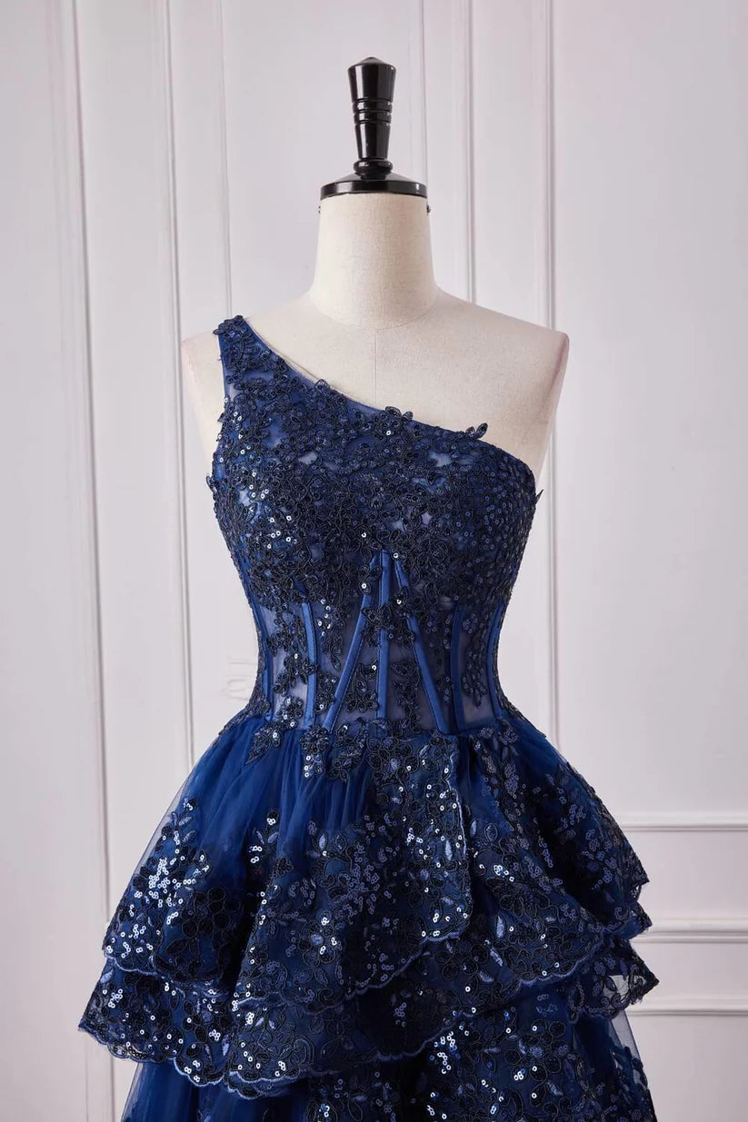 Navy Blue One-Shoulder Prom Dresses Sleeveless Tulle Sequined A-Line with Appliques