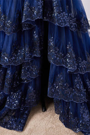 Navy Blue One-Shoulder Prom Dresses Sleeveless Tulle Sequined A-Line with Appliques